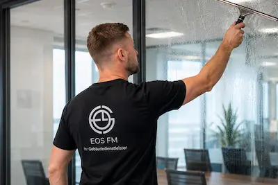 Fensterputzer bei der Fentserreinigung in einem Bürogebäude